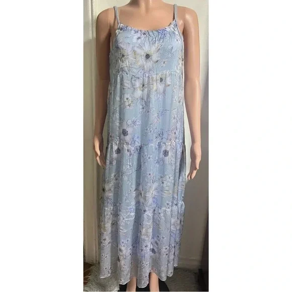 NWT ELENA BALDI Blue Silk Blend Floral Tiered Maxi Dress - Picture 3 of 14
